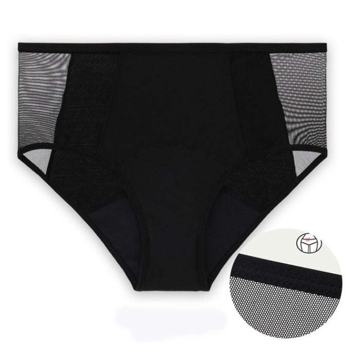 Black underwear with mesh panels on a white background