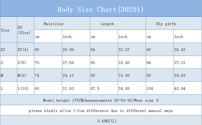 Body size chart with measurements for different sizes