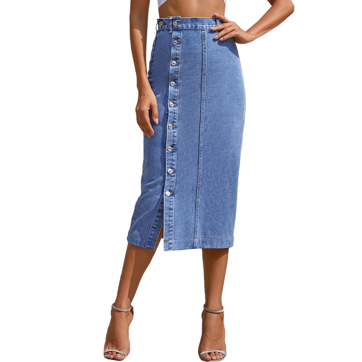 Blue denim skirt worn by a person on a white background