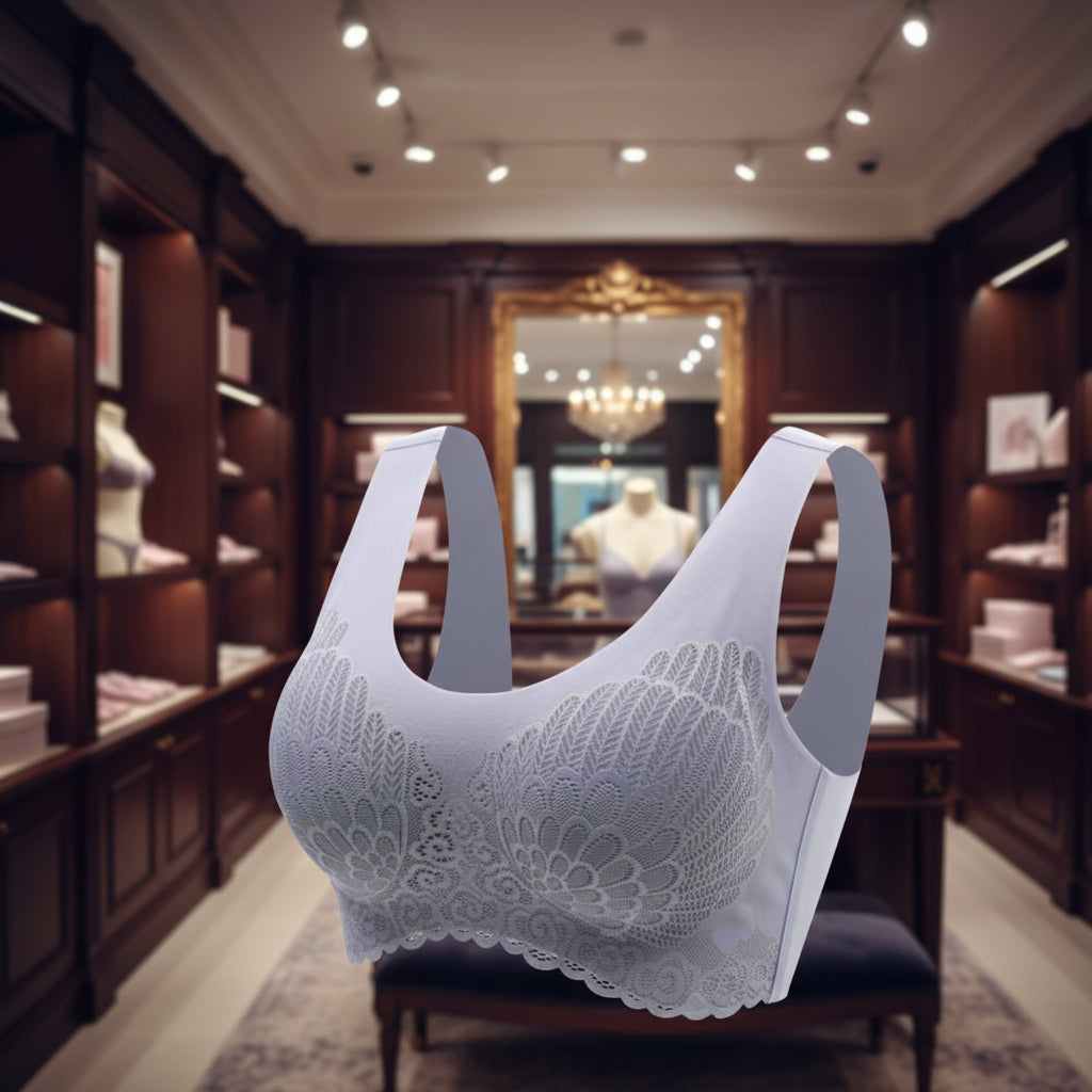 Gray lace bra on a white background