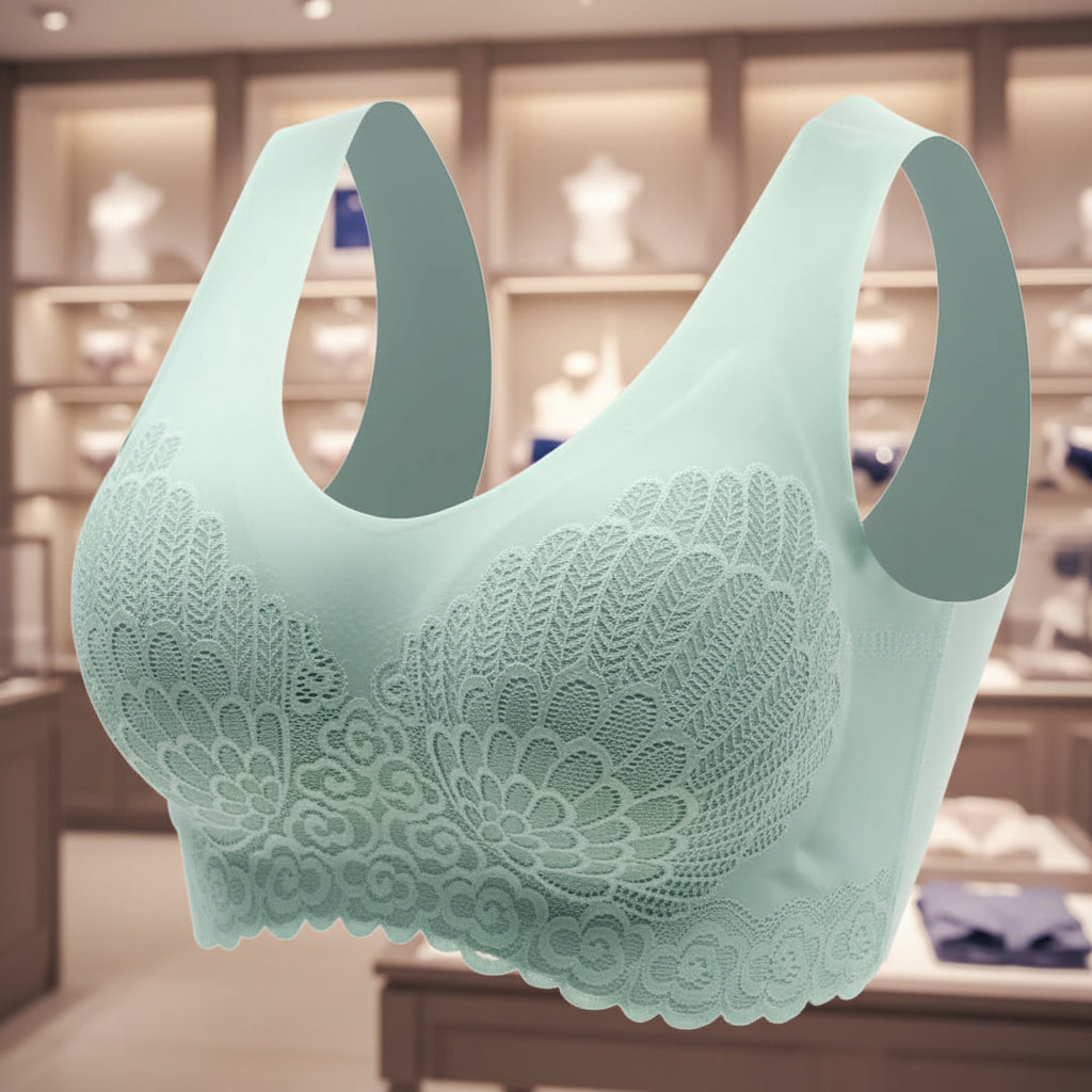 Light green bra with lace detailing on a white background