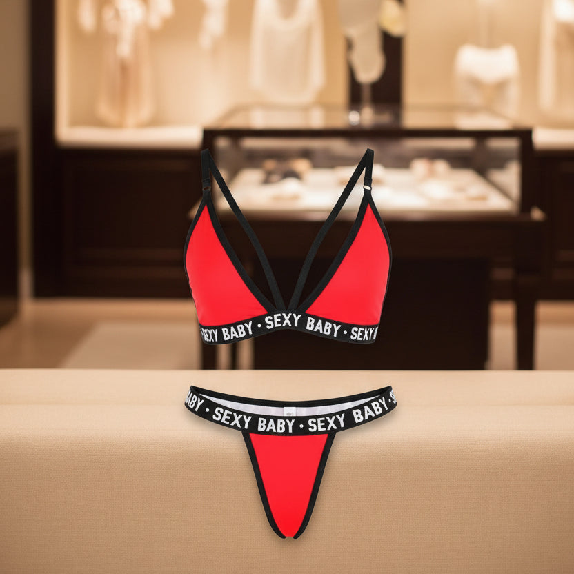 Red bikini with 'SEXY BABY' text on a white background