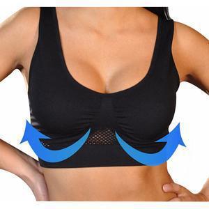 Black sports bra with blue accents on a white background