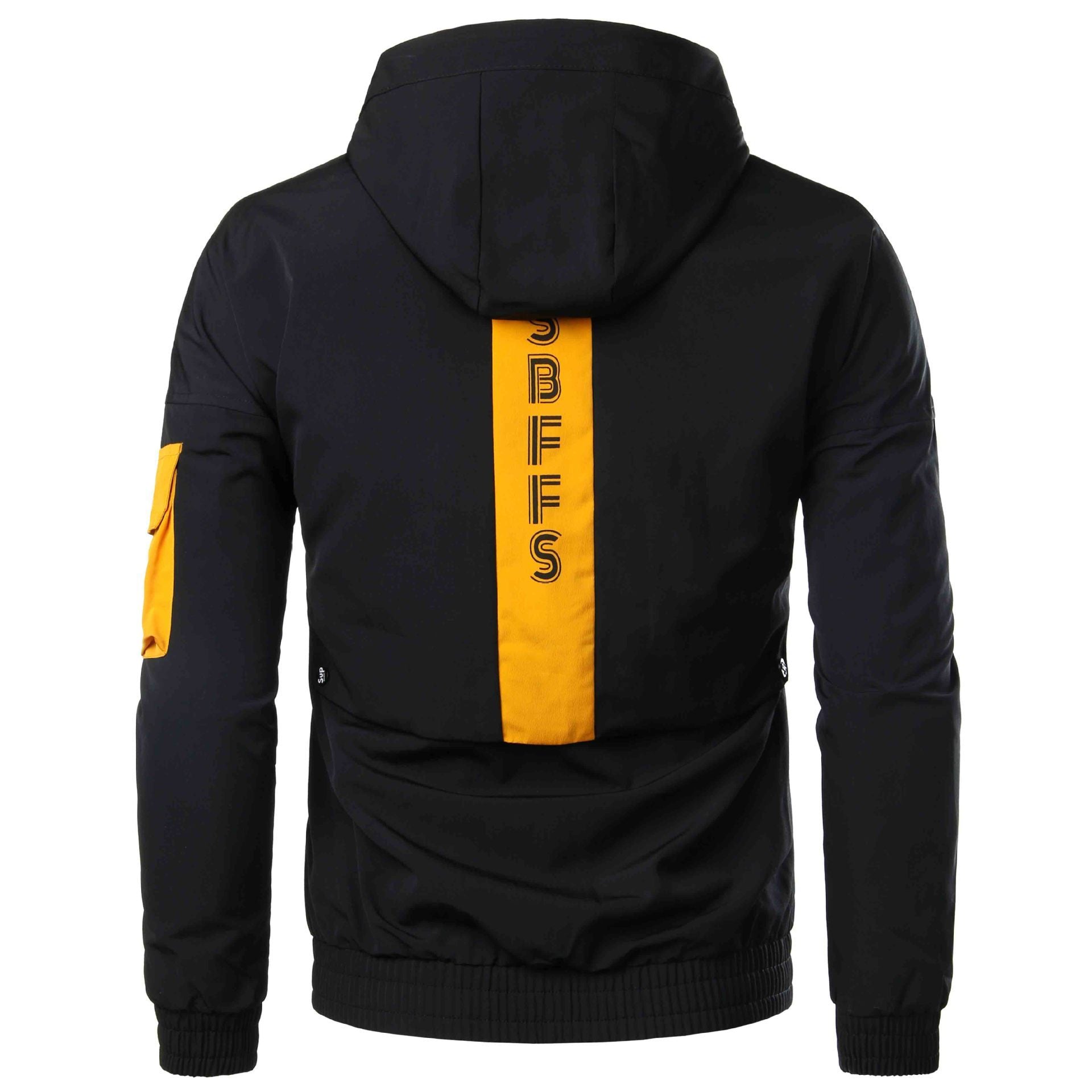 Black jacket with yellow accents on a white background