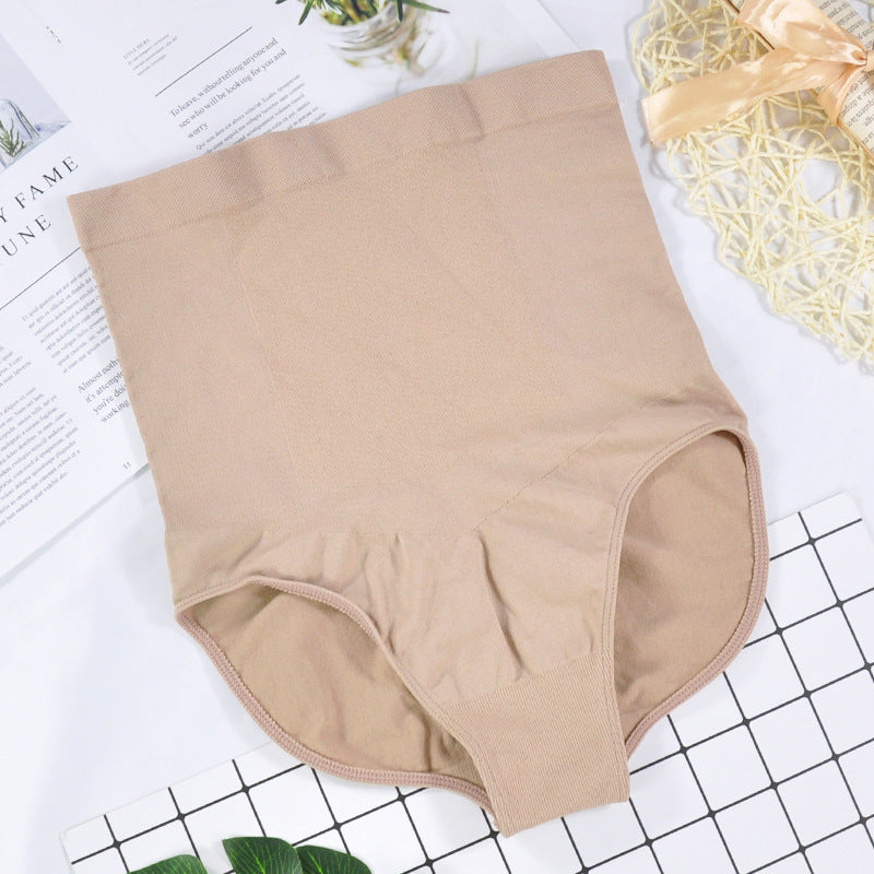 Beige high-waisted underwear on a white surface with text and decorative elements.