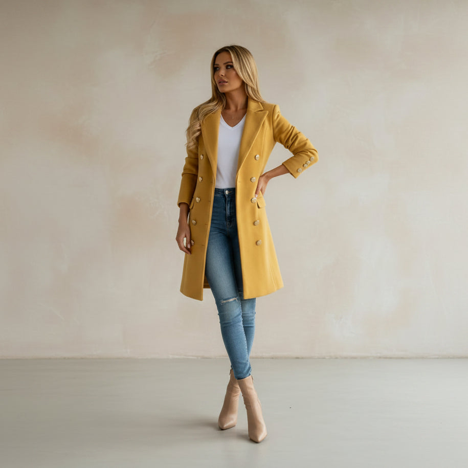 Person wearing a yellow coat on a city street