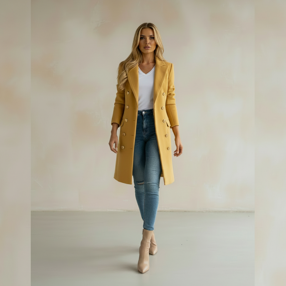 A woman modeling a double-breasted mustard yellow coat over a white top and blue jeans, standing against a neutral beige wall.