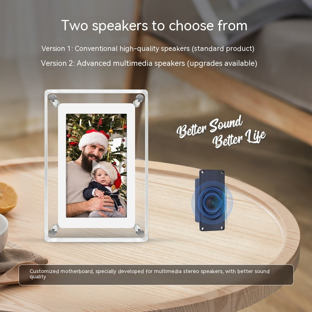 Two speakers on a wooden surface with text about speaker versions and sound quality.