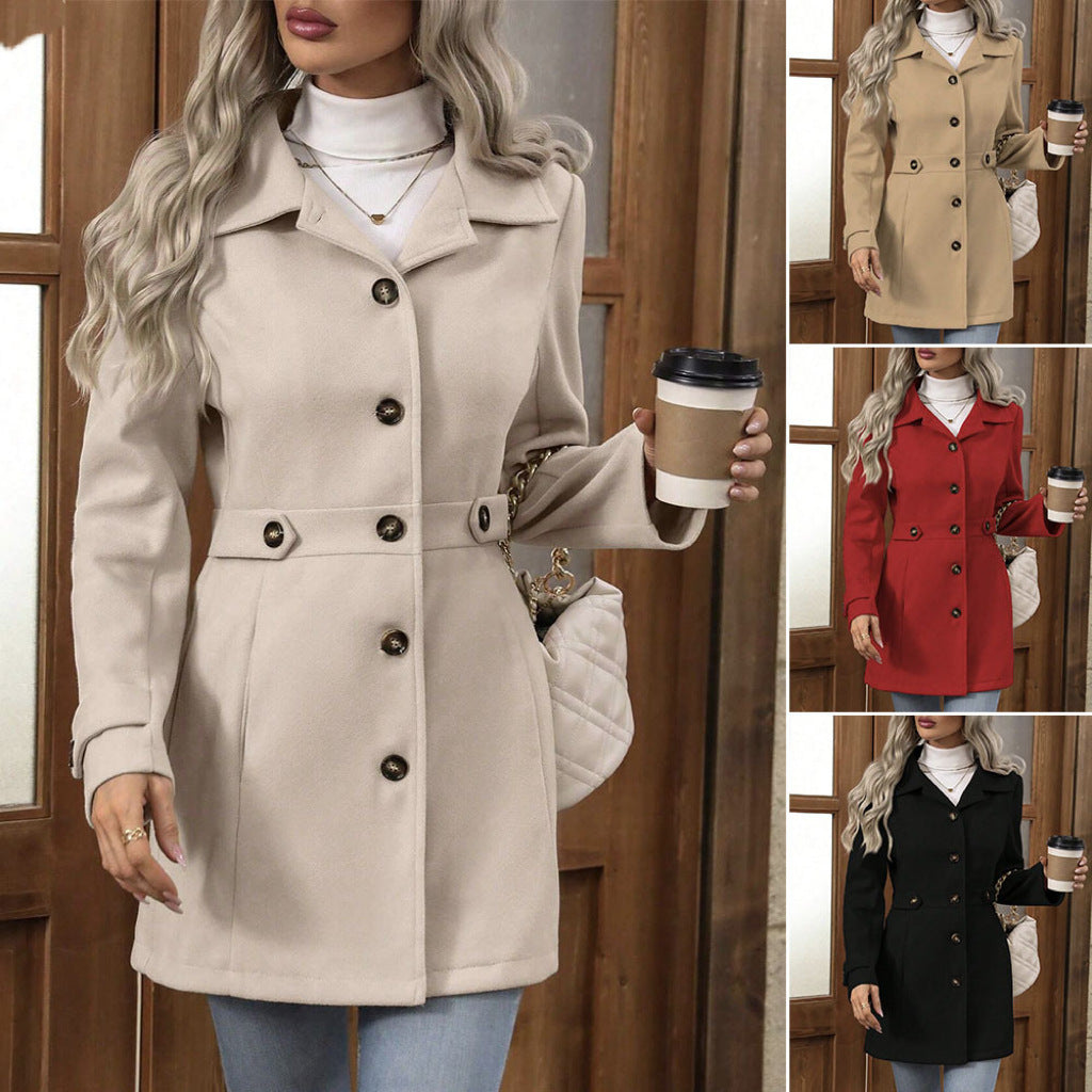 Woman wearing a beige coat holding a coffee cup, with additional images of red and black coats.