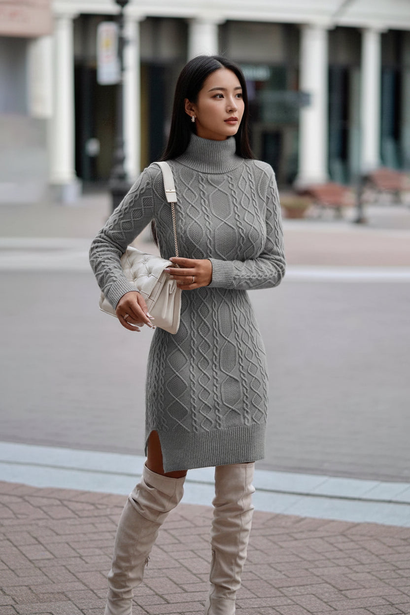Woman wearing a gray cable knit sweater dress with beige boots and holding a white clutch.