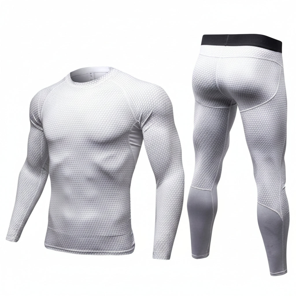 White long-sleeve athletic shirt and leggings set on a white background