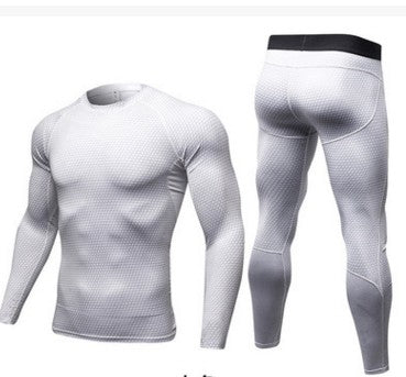 White long-sleeve athletic shirt and leggings set on a white background