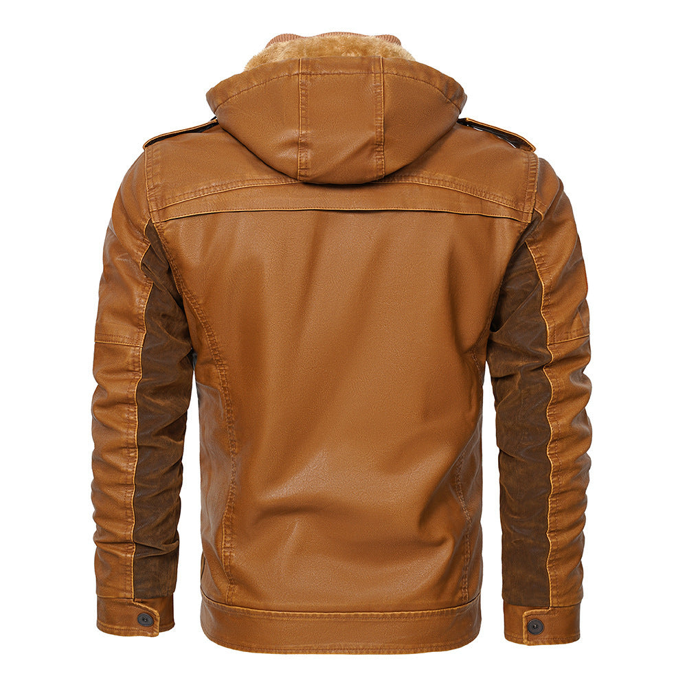 Brown leather jacket with a hood on a white background