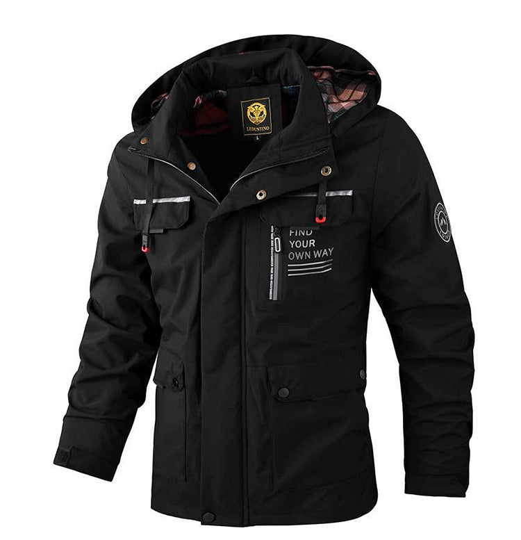 Black jacket with text and branding on a white background