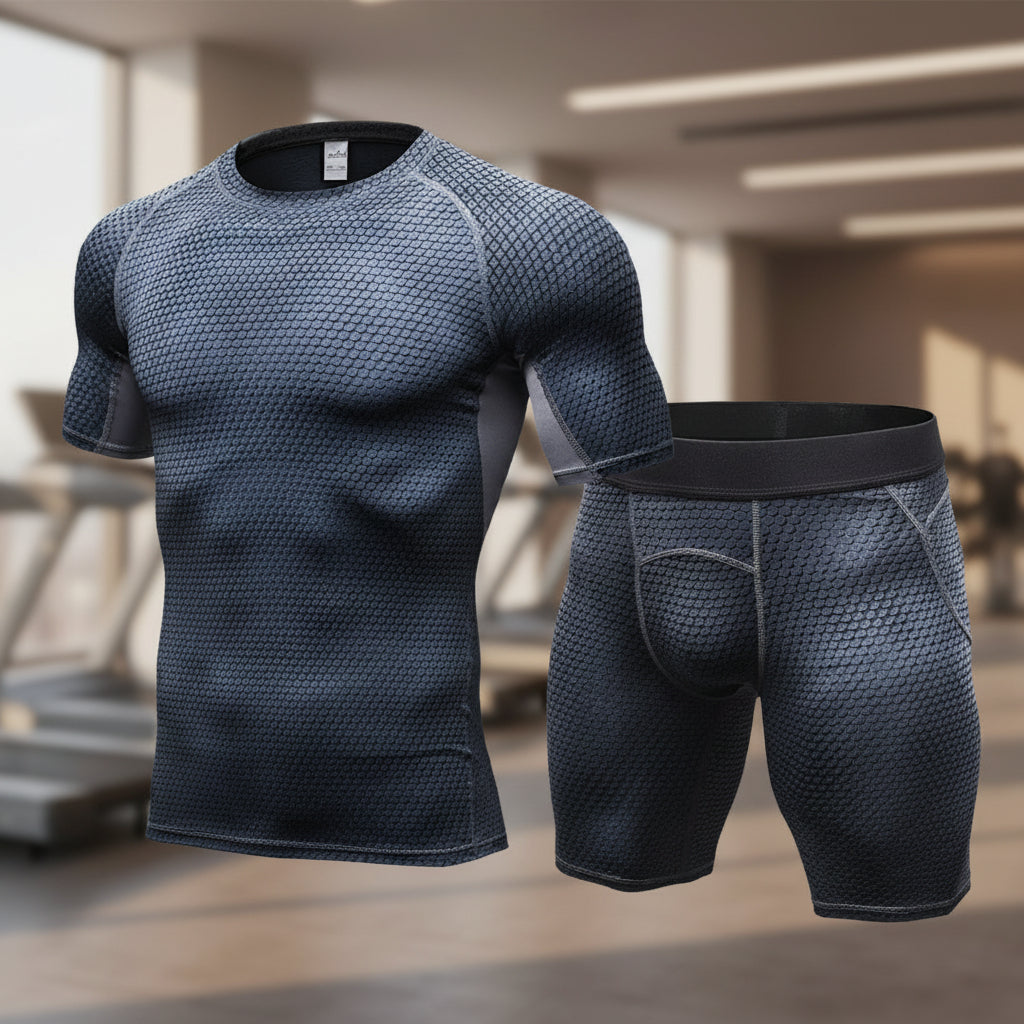 Black compression shirt and shorts set on a white background