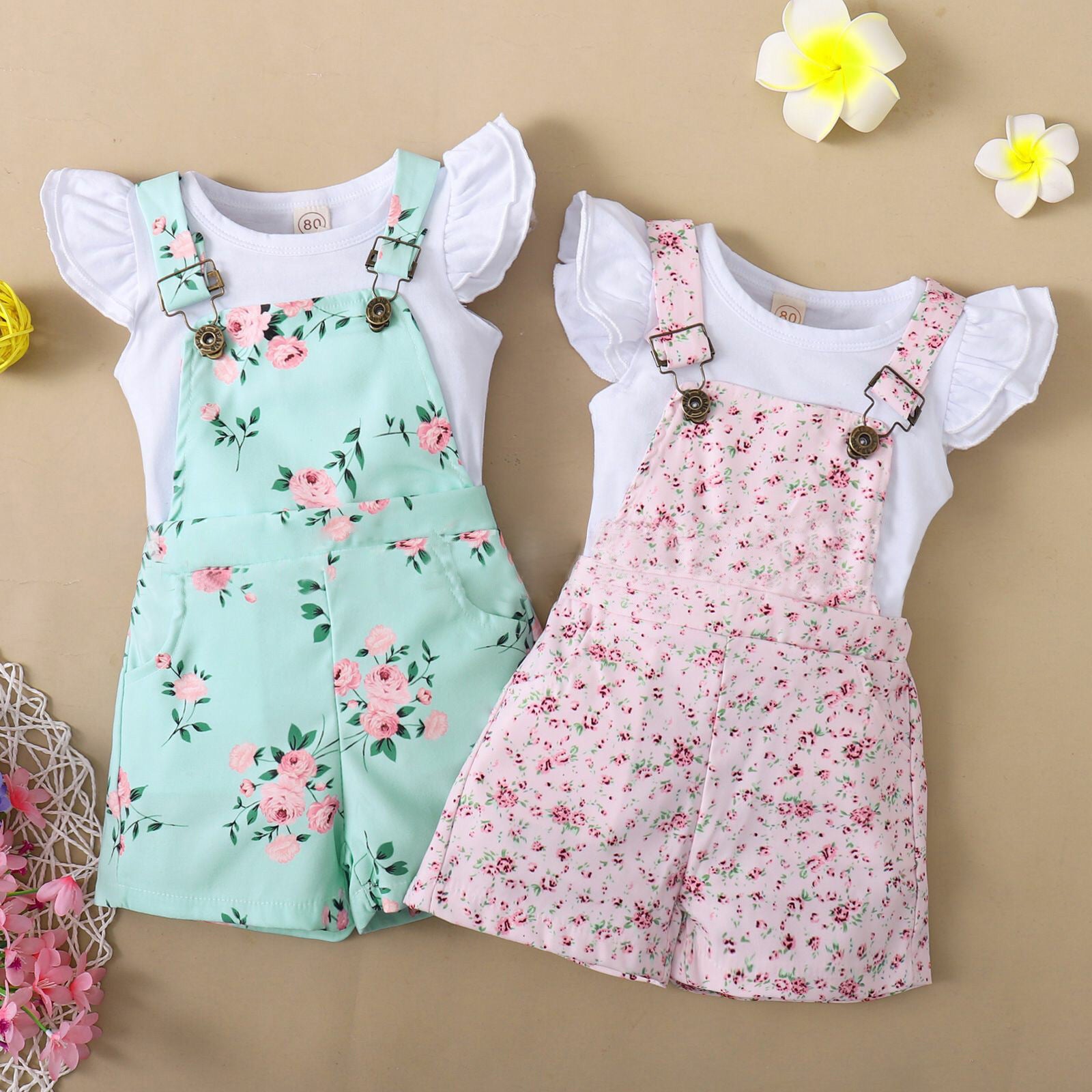 Floral Suspender Pants Suit with Short-Sleeve T-shirt - AmiraMart