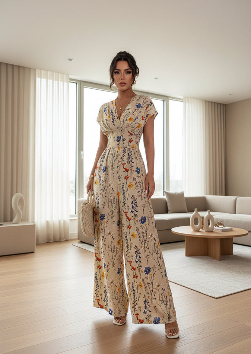 Woman wearing a floral jumpsuit holding a straw bag indoors.