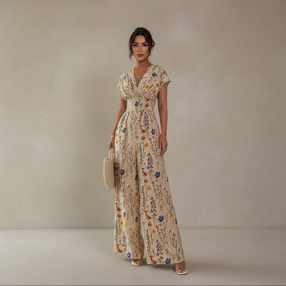 Woman wearing a floral jumpsuit holding a straw bag indoors.