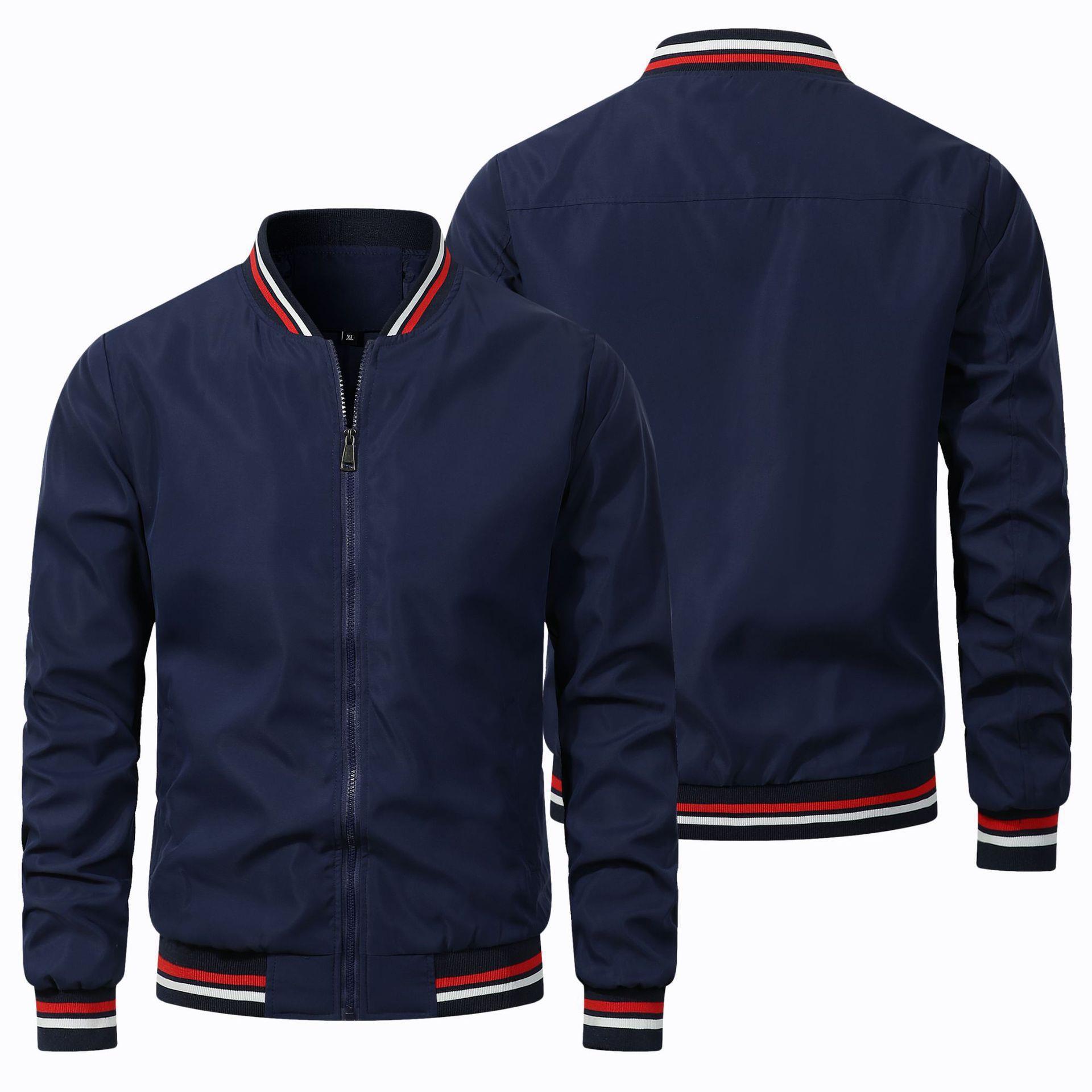 Navy blue bomber jacket with red and white trim on a white background
