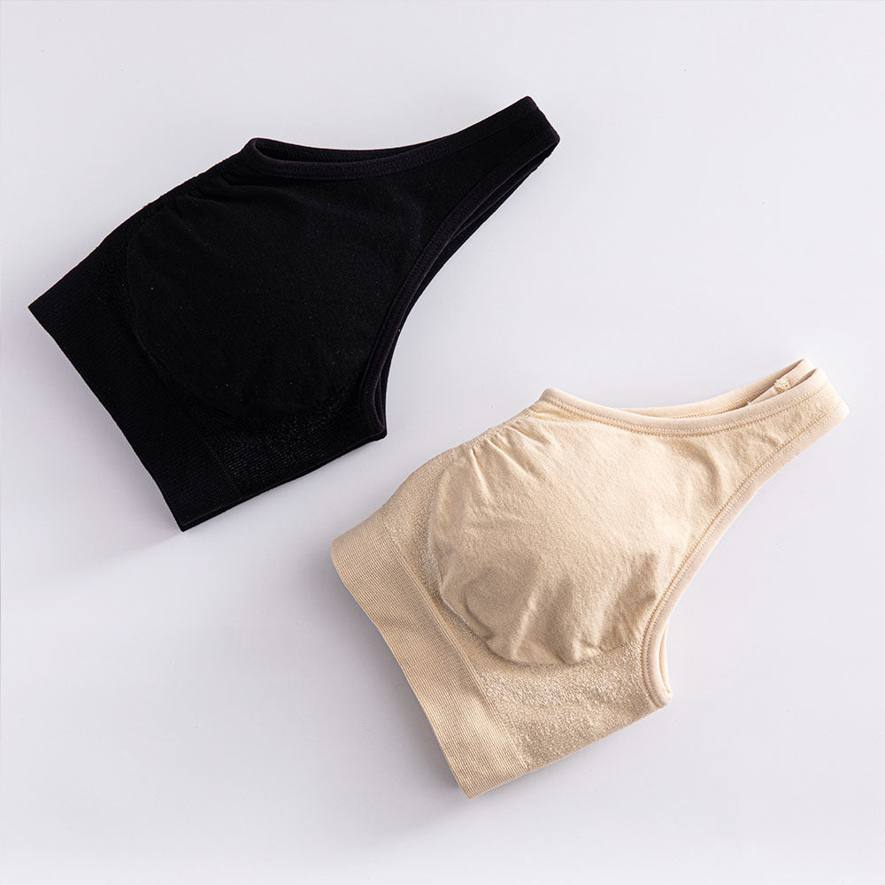 Black and beige crop tops on a white background