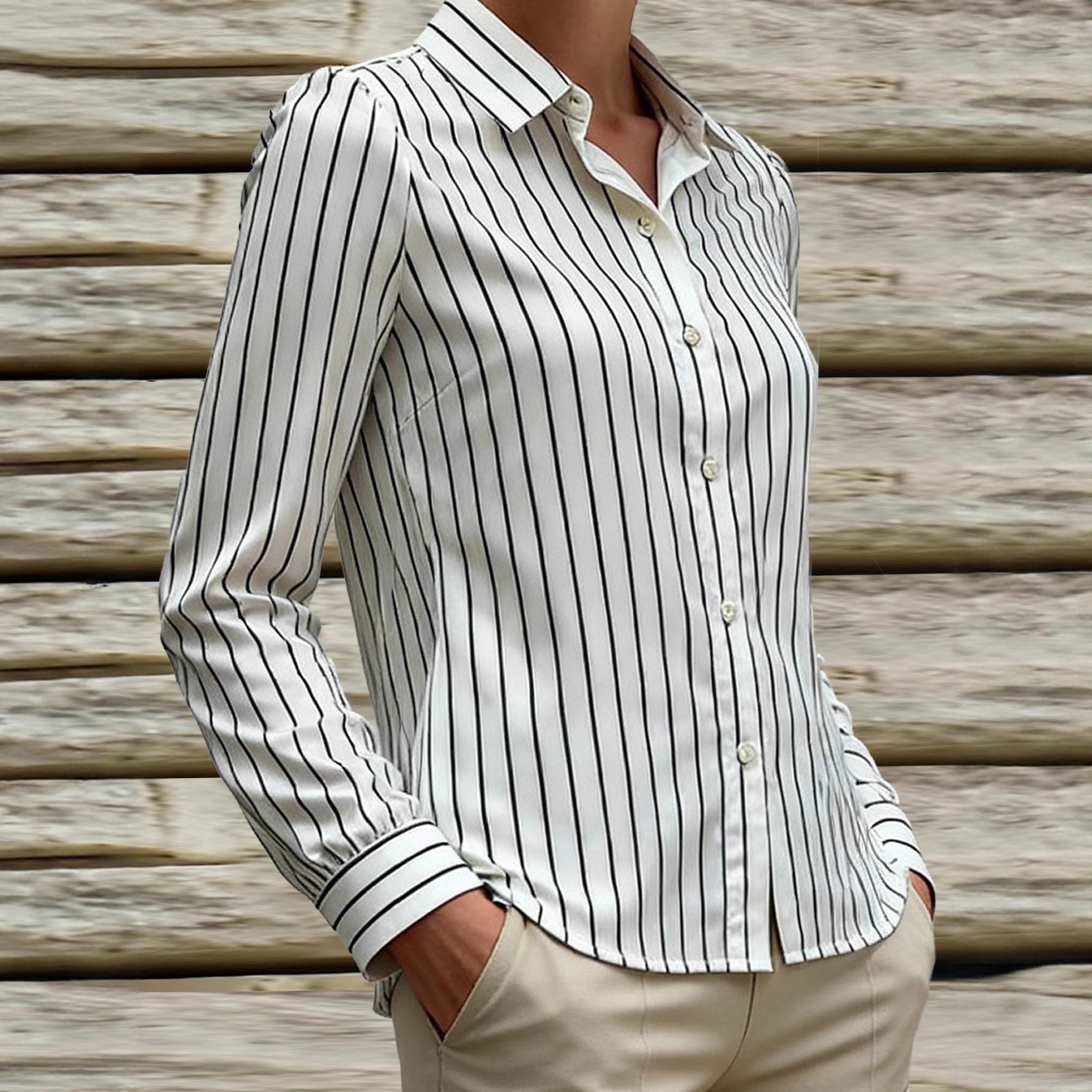 Person wearing a white shirt with black vertical stripes against a wooden background
