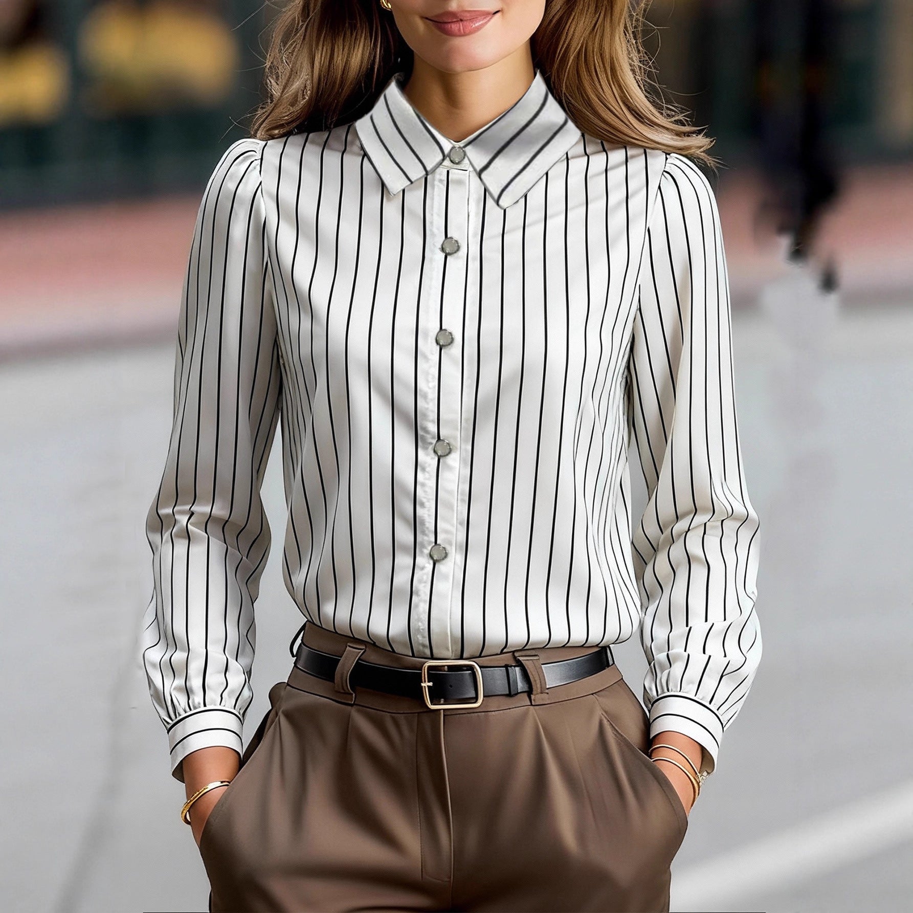 Person wearing a white shirt with black vertical stripes and brown pants on a blurred street background