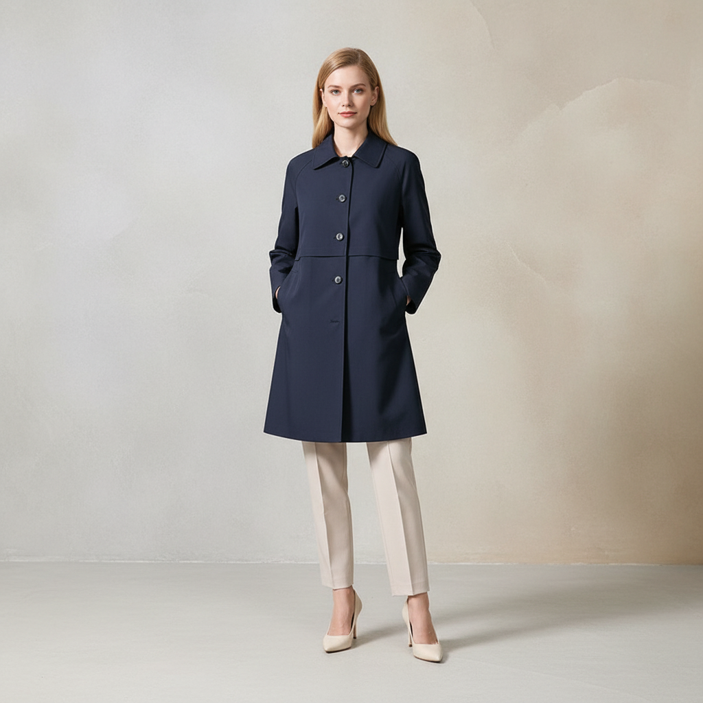 A woman stands in a studio wearing a dark navy knee-length coat with front buttons, paired with light beige straight-leg pants and beige pointed heels, against a soft beige textured backdrop.