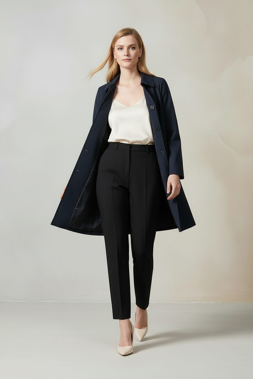 A woman models a dark navy blue trench coat over a cream satin top and black trousers, standing against a neutral light beige studio background.