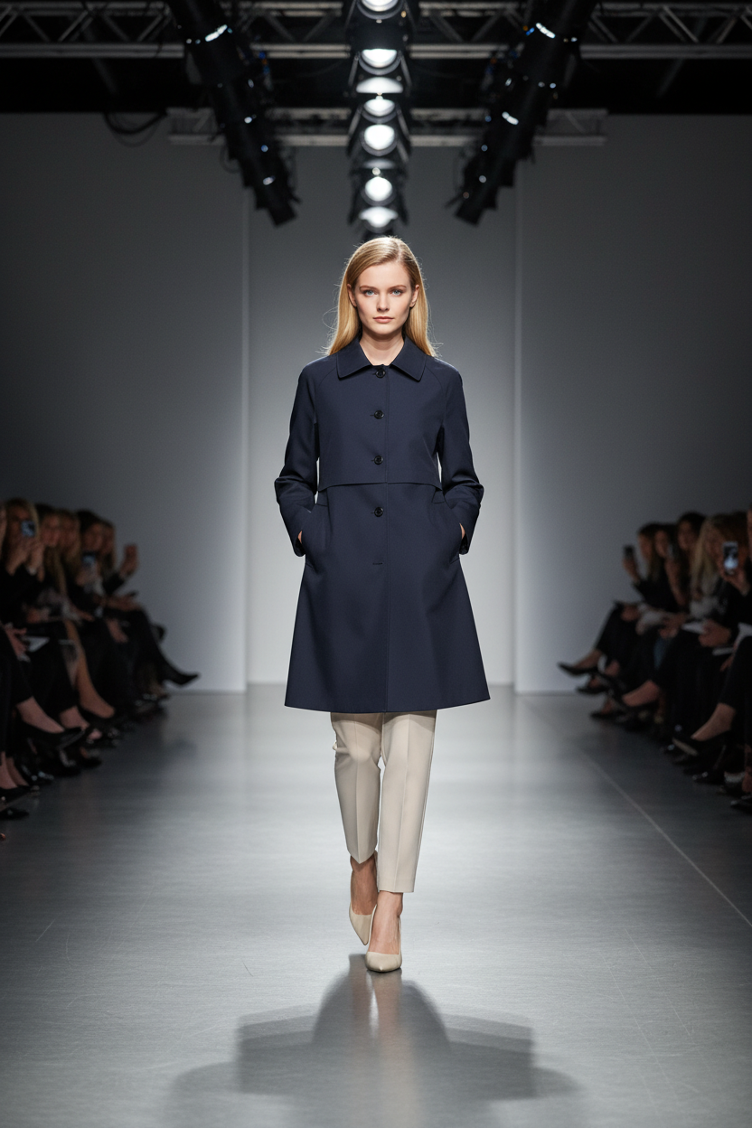 A fashion runway photo showing a model walking down a catwalk wearing a dark navy knee-length coat over a cream-colored top and trousers, with audience members seated on both sides under runway lights.