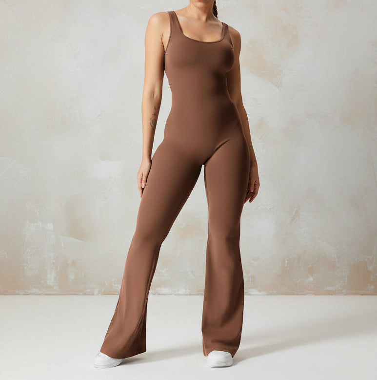 Brown bodysuit worn by a person on a white background