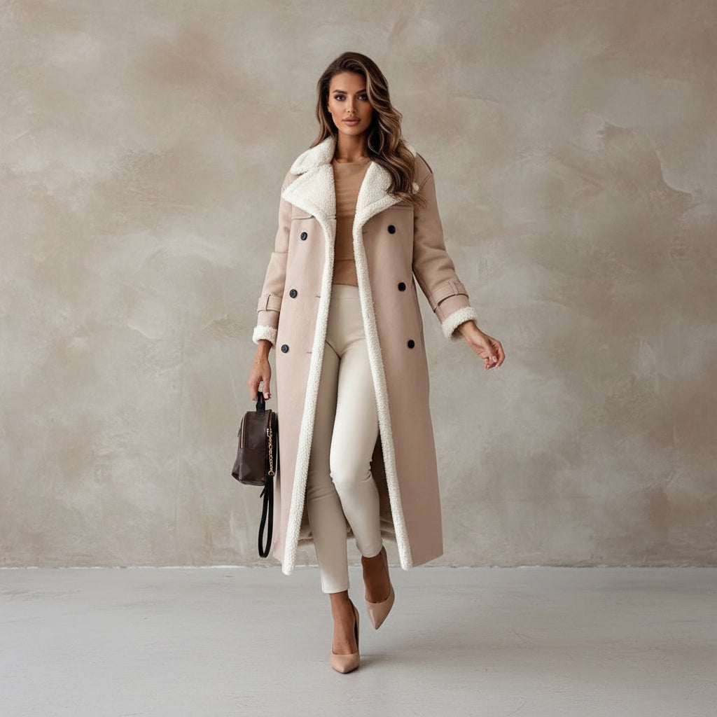 Woman wearing a beige coat with white fur trim against a white background