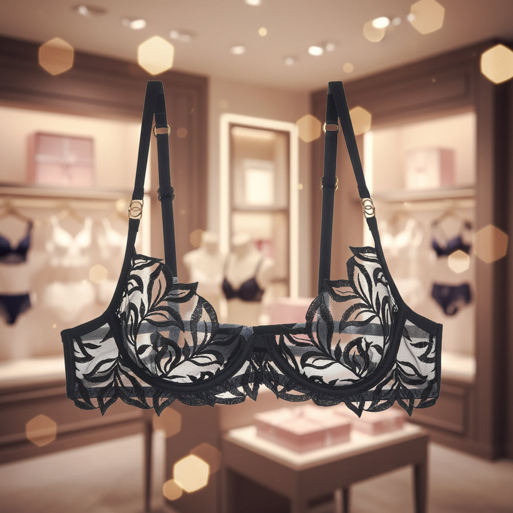 Black lace bra with floral patterns on a white background