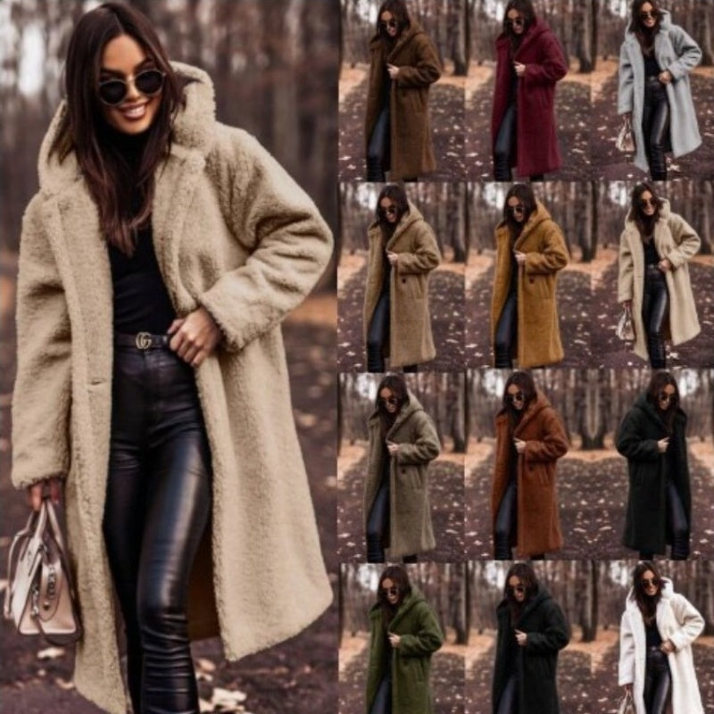 Woman wearing a beige coat in a forest setting with multiple views of her in different colored coats.