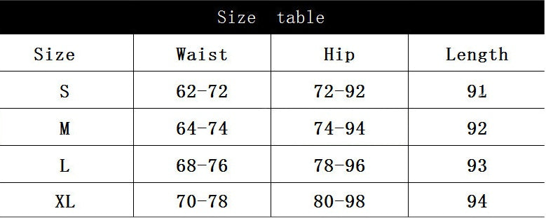 Size chart for waist, hip, and length measurements with size labels S, M, L, and XL.