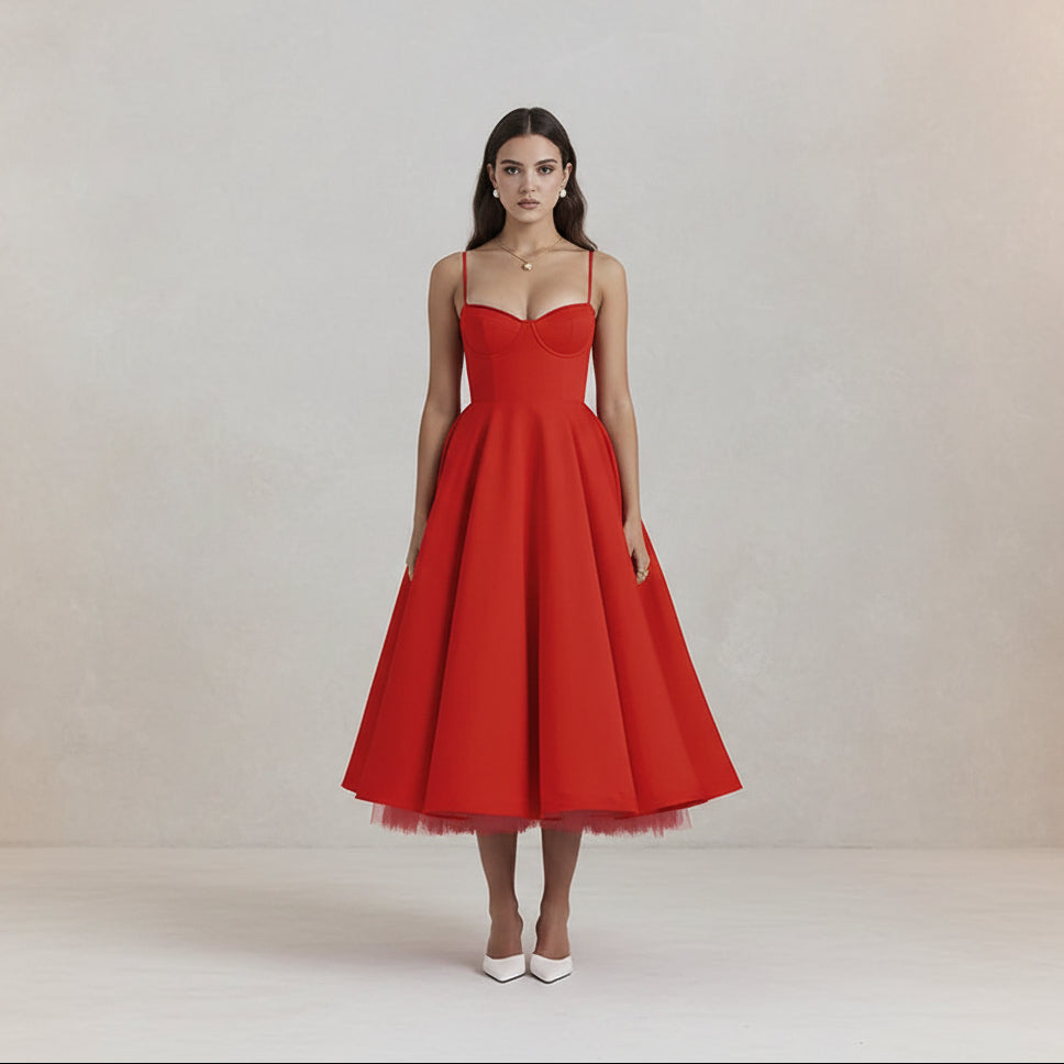 Red dress worn by a model on a white background