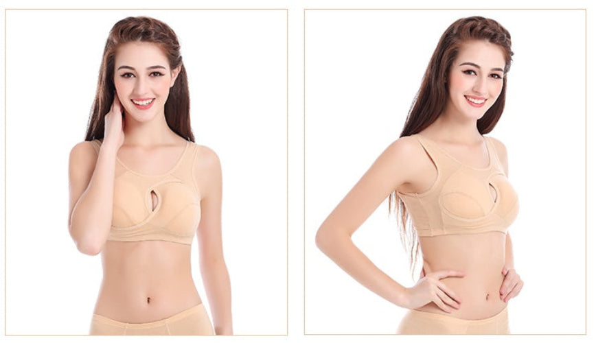 Woman wearing a beige compression garment on a white background