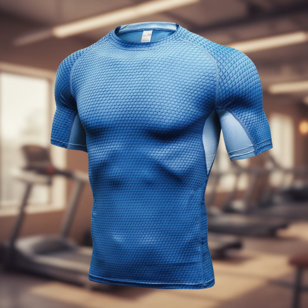 Blue athletic shirt with textured design on a white background