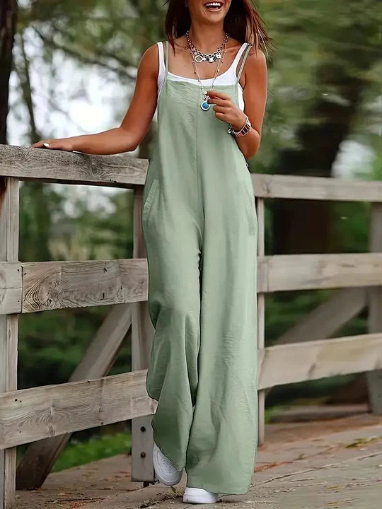 Women's Dark Green Casual Suspender Wide-leg Jumpsuit - AmiraMart