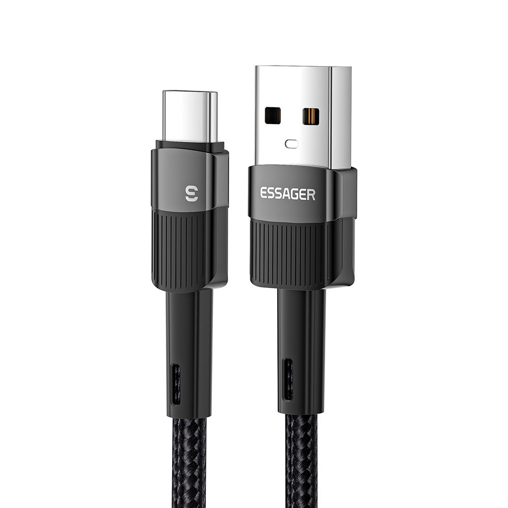 Black USB cable with USB Type-C connector on a white background, branded 'ESSAGER'.