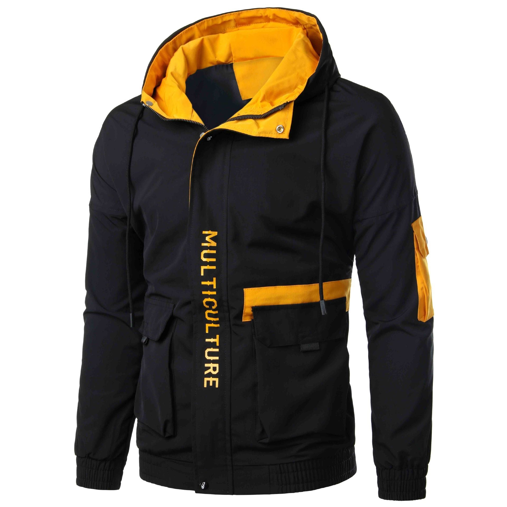 Black jacket with yellow accents and 'MULTICULTURE' text on a white background
