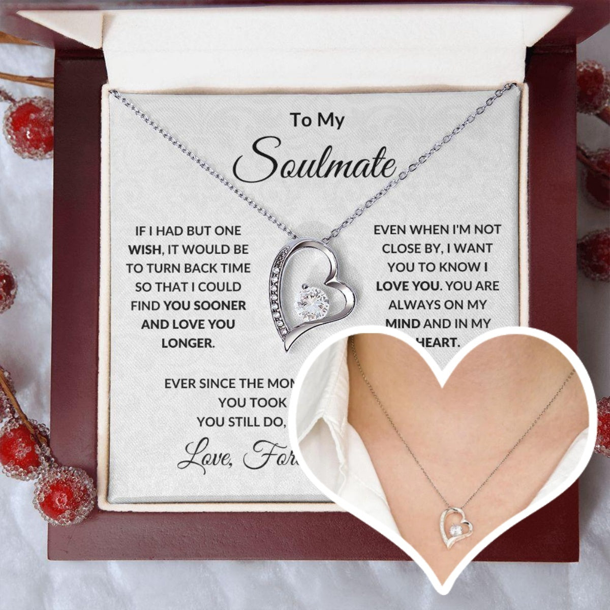 Heart-shaped necklace in a gift box with sentimental message