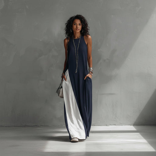 Woman wearing a long, dark blue and white dress against a gray background