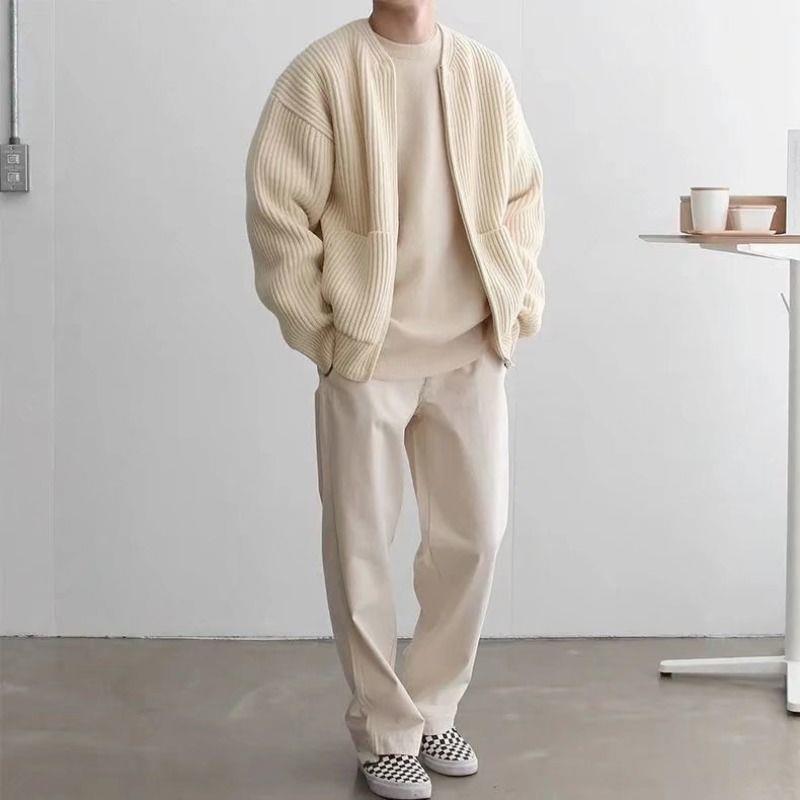 Men's Zip Up Knit Cardigan - Lined Funnel Neck Coat with Pockets - AmiraMart