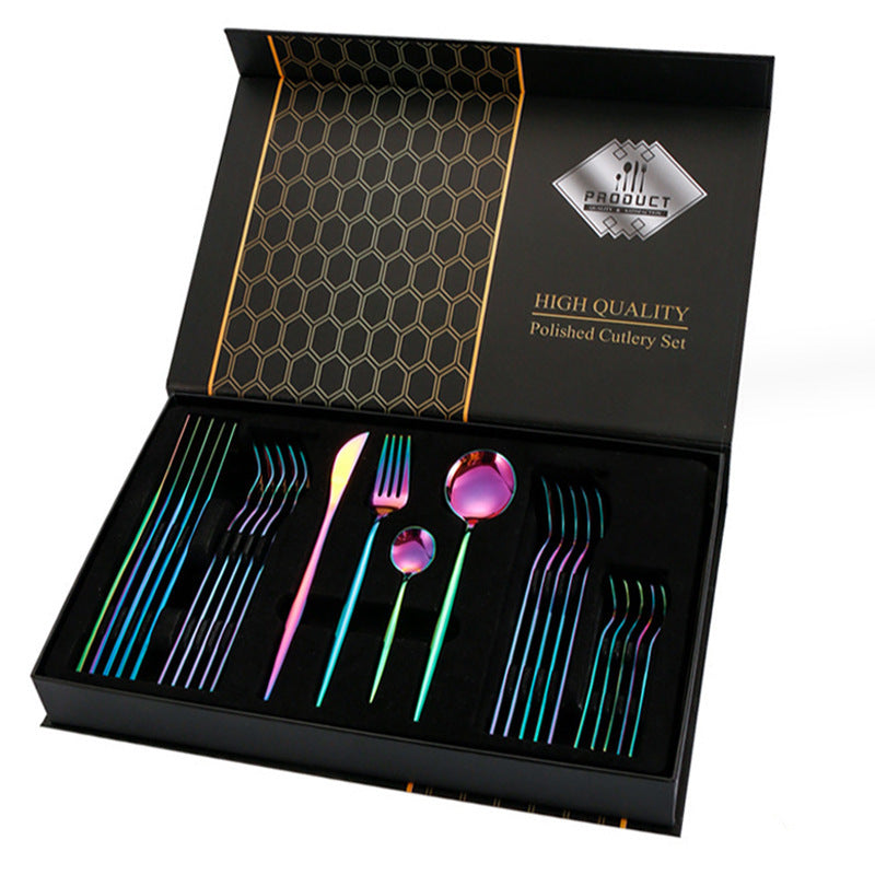 High-quality polished cutlery set in a black box with visible brand logo.
