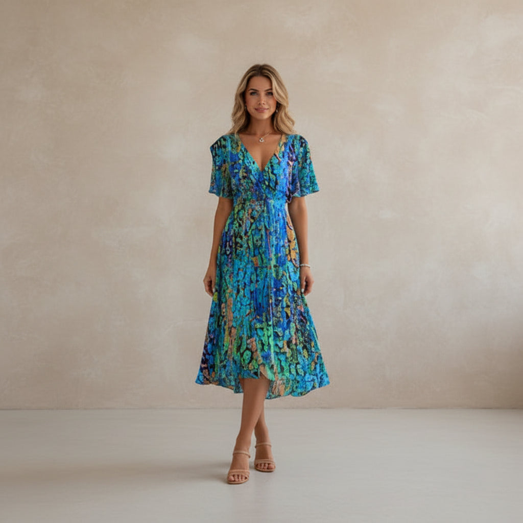 Woman wearing a blue and green patterned dress on a white background