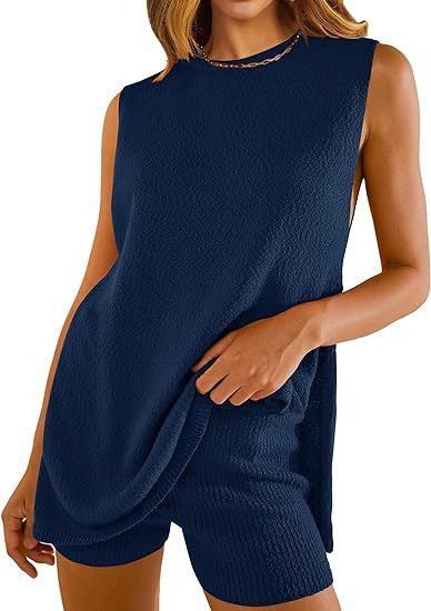 Loose Round Neck Split Vest Top And Short - AmiraMart