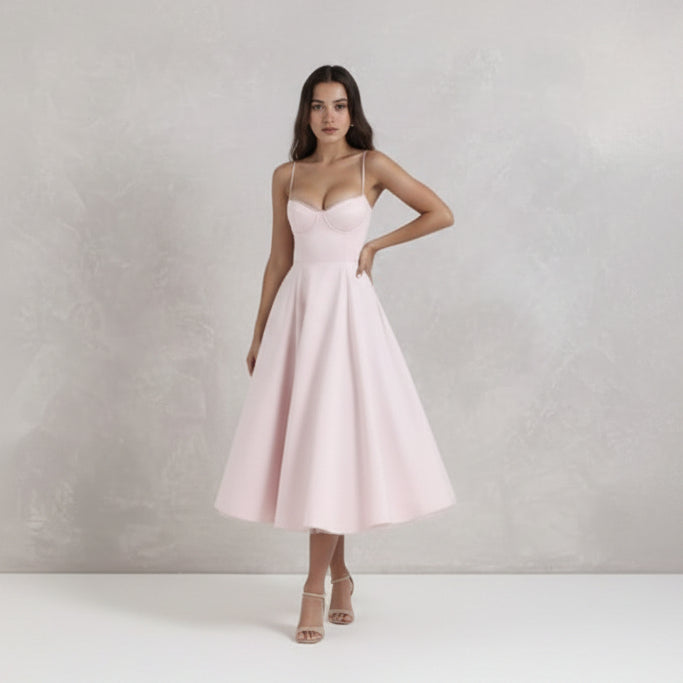 Woman wearing a pink dress against a white background