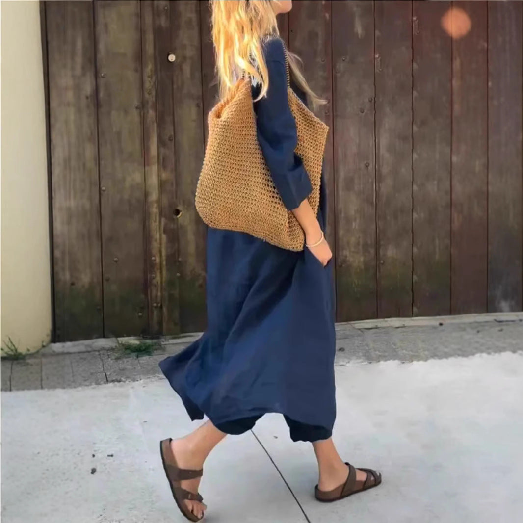 Loose V-neck Long Top and High Waist Wide Leg Pants - AmiraMart