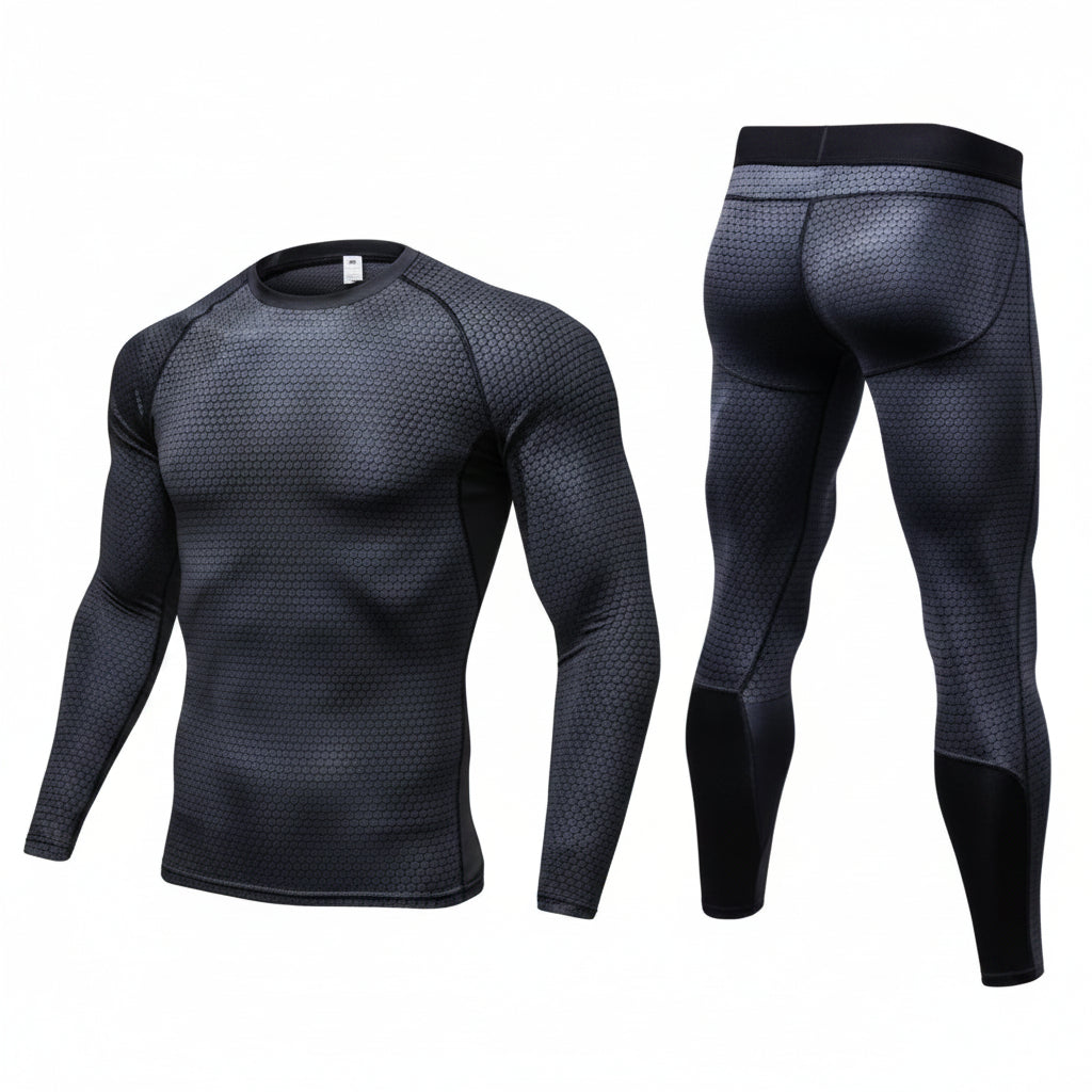 Black long-sleeve athletic shirt and leggings set on a white background