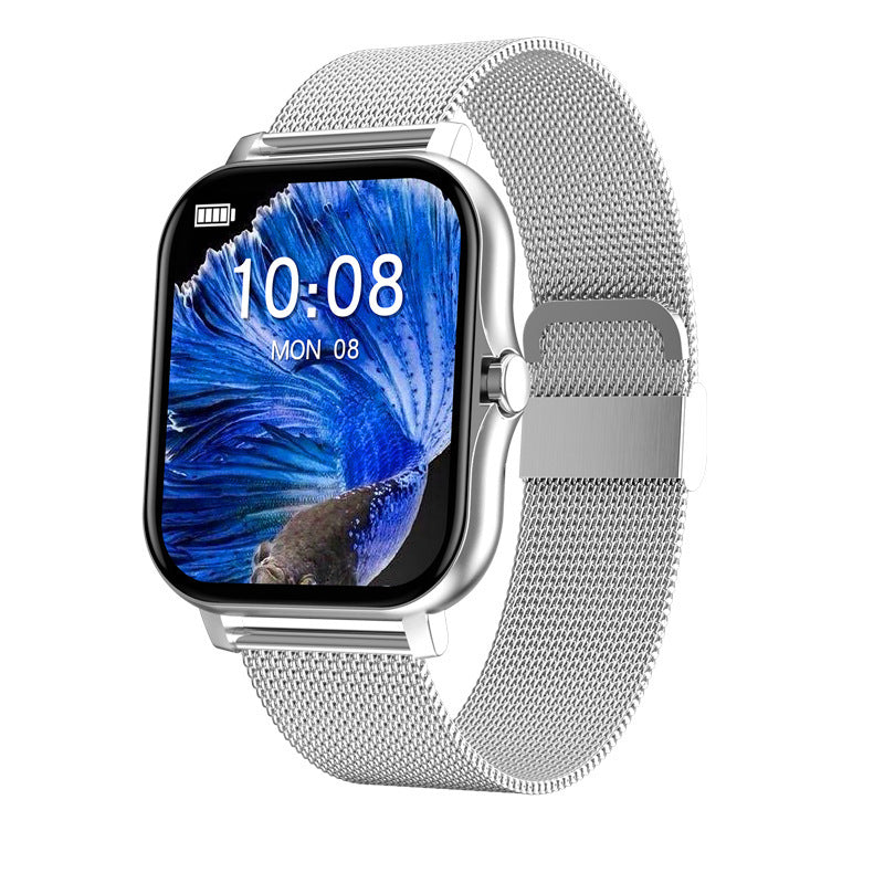 Silver smartwatch with a mesh band on a white background
